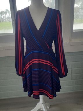 Express Black Wrap-Style Long Sleeve Dress with Red & Blue Stripes